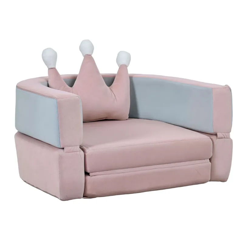 AIYAPLAY Sofá Infantil Convertible, Sofá para Niños con Cojín de Corona, Plegable en Cama y Zona de Juego, Tapizado de Terciopelo Suave, para Niños 18-36 Meses, Rosa y Azul Grisáceo