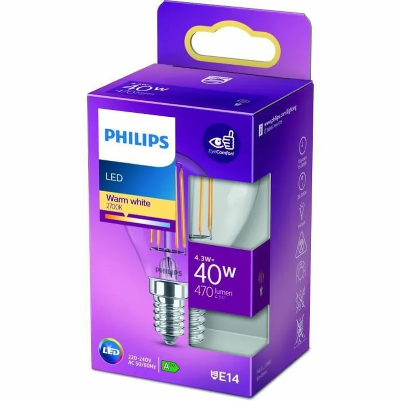 Bombilla LED Esférica Philips Classic 40 W E14 F 4,3 W (2700k) - Decoración