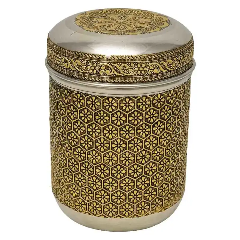 Bote de metal repujado dorado 9x9x12 cm - Decoración