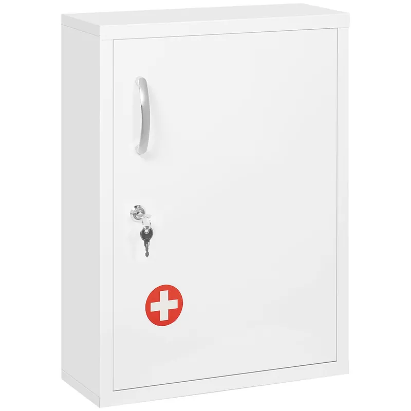 kleankin Botiquín de Pared de Acero Botiquín para Medicinas de 3 Niveles Armario de Botiquín con Cerradura y 2 Llaves para Cocina Baño 40x15x53,5 cm Blanco