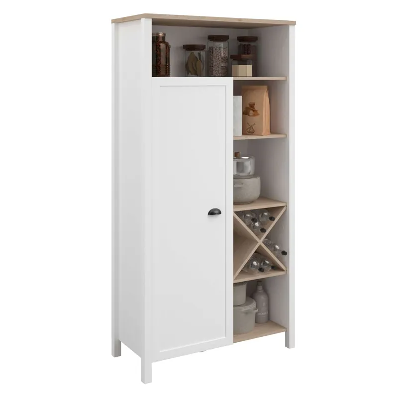 Buffet Alto Cocina con Botellero Coper 1 Puerta 9 estantes Estilo Nórdico Color Blanco y Roble Jackson 95x185 cm - Muebles