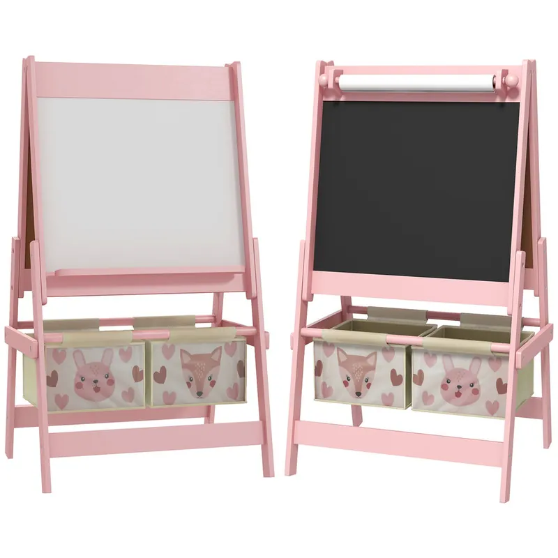 AIYAPLAY Caballete para Niños 3 en 1 Caballete Infantil de Doble Cara Caballete de Arte con Rollo de Papel Pizarras y 2 Cestas de Almacenamiento 54x46,5x93 cm Rosa - Muebles