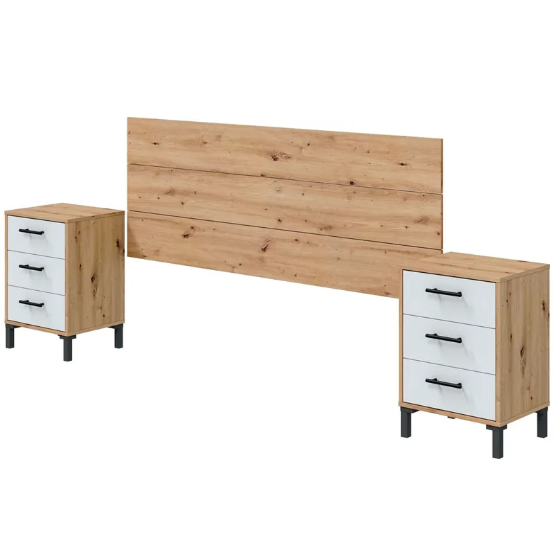Cabecero + 2 Mesitas 3 Cajones Cabezal y Mesitas Moderno Lúmina en Blanco Artik y Roble Nodi 240x101x33 cm - Descanso