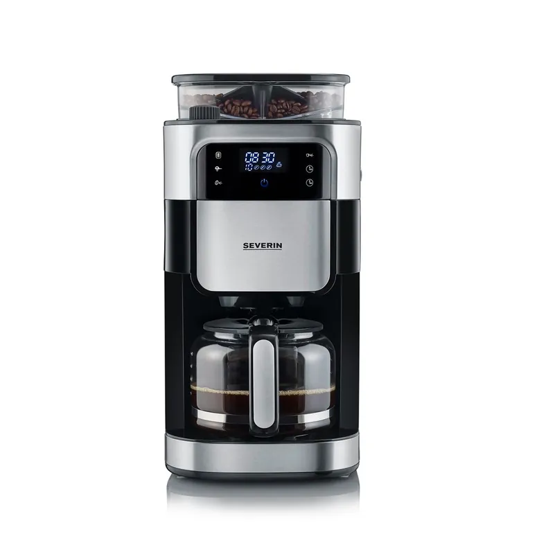 SEVERIN - Cafetera de goteo con molinillo para 10 tazas, Cafetera de filtro / Cafetera americana con jarra de cristal de 1l, pantalla LED con temporizador, Acero inoxidable / Negro, KA 4813