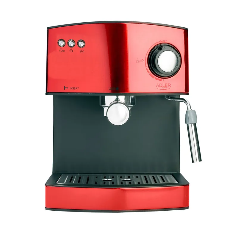 Adler AD 4404R Cafetera Espresso Manual 15 bares 1,6 L, Brazo Doble Salida, Espumador Leche, Calientatazas, 850, Rojo - Electrodomésticos