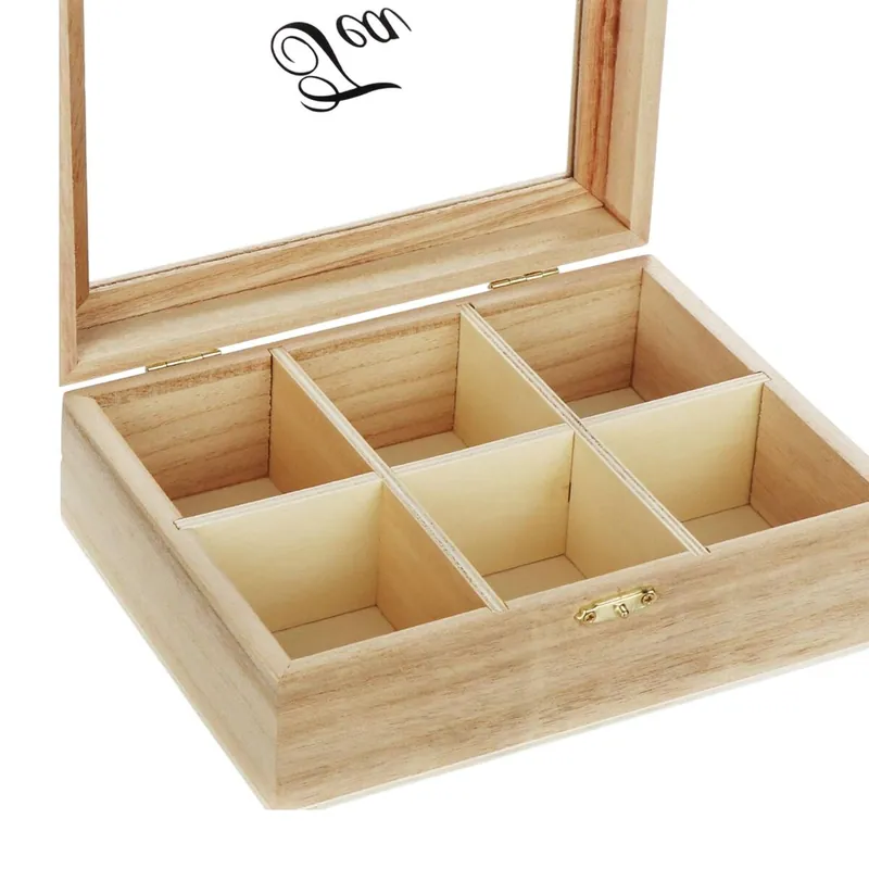 Caja de té de Madera de Paulownia con 6 Compartimentos y tapa de Cristal 21x16x7,5cm - Decoración