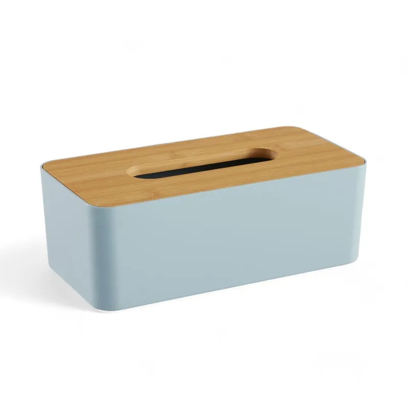 Caja PAÑUELOS de plástico con tapa de bambú azul 9x13x25cm - Baño