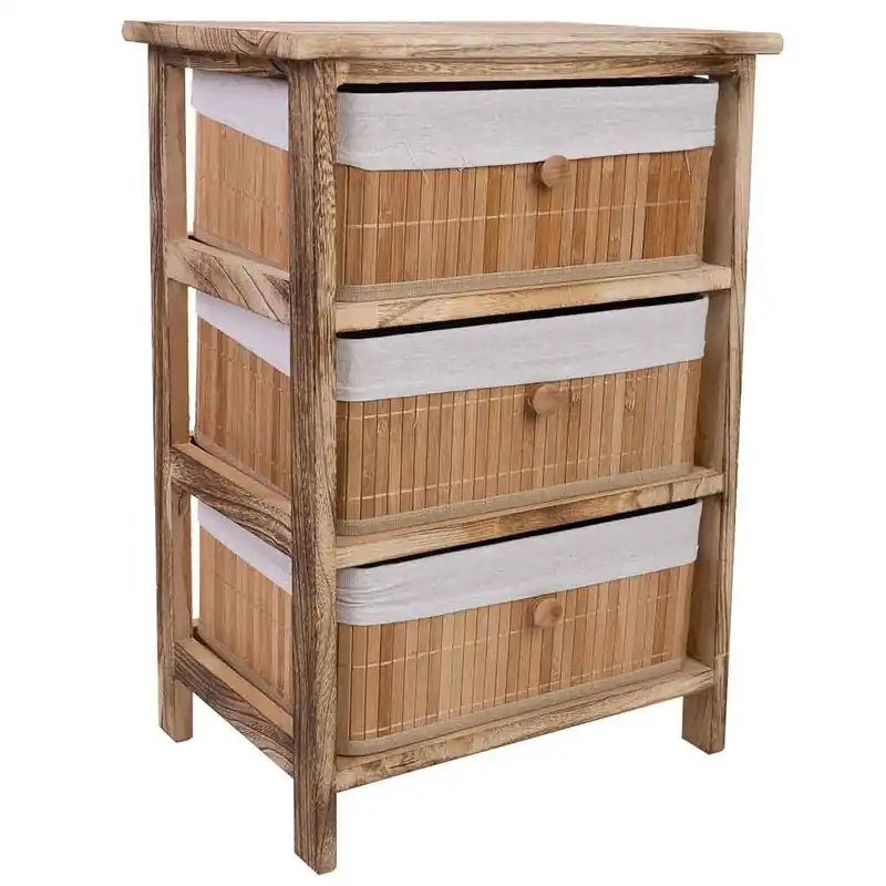 Cajonera de madera con 3 cajones de bambu forrados 40x29x58 - Muebles