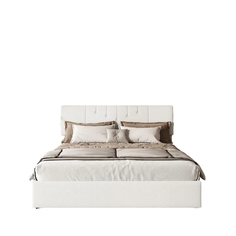 Cama abatible de 140 x 190 cm con cabecero ajustable, puertos USB-C/USB y almacenamiento integrado – Tejido de peluche color blanco roto