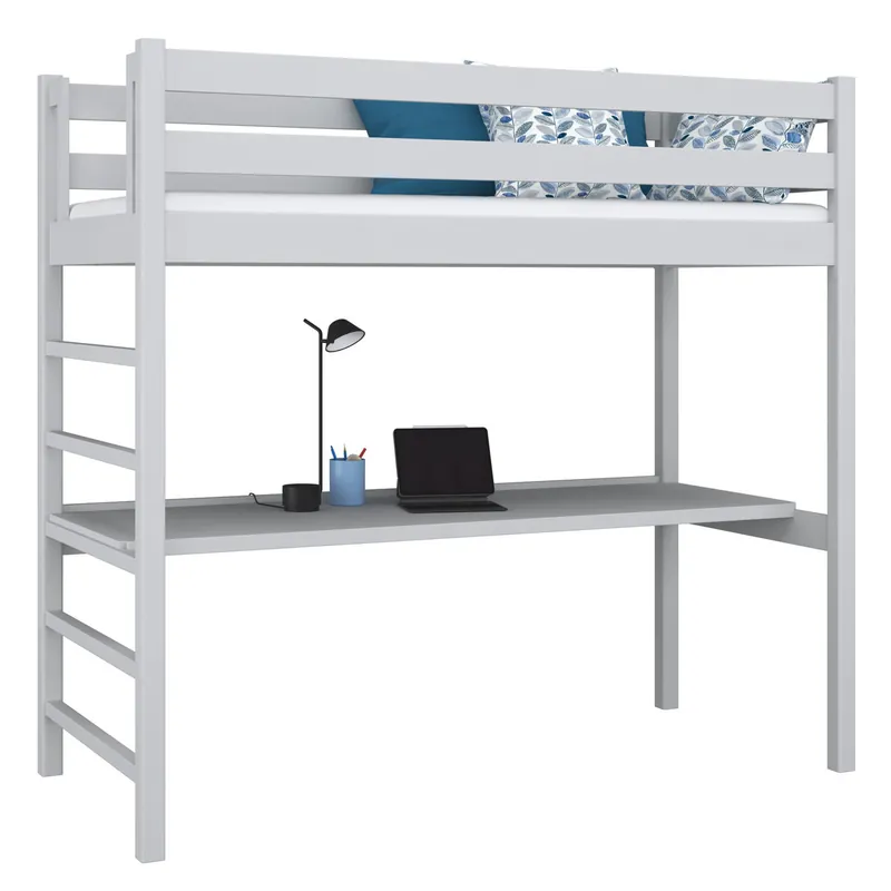 Cama alta de madera con escritorio N01 gris - Descanso