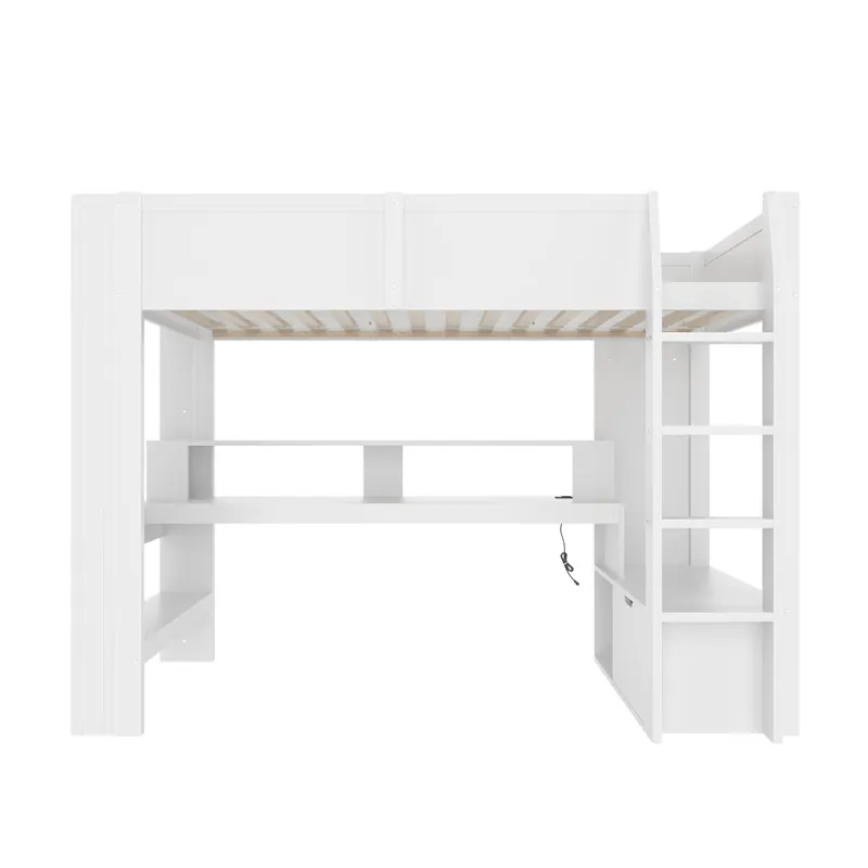 Cama alta 90x200 cm - Cama Gaming con escritorio, con luces LED, cajón, estantes - Blanco