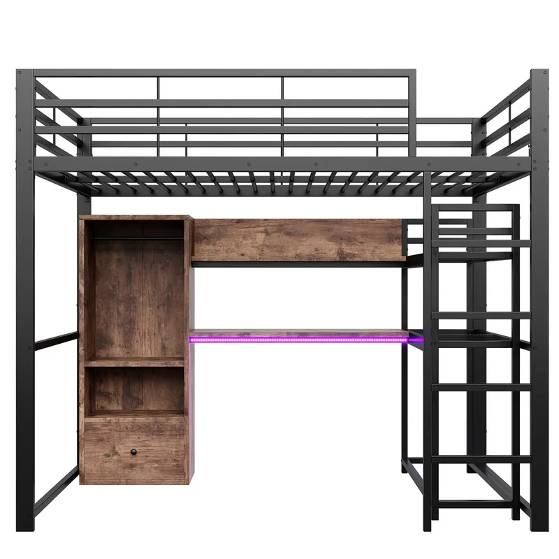 Cama alta 140x200cm - Cama metálica con LED, escritorio, 1 cajón, estanterías, barandilla, escalera, sin colchón - Blanco