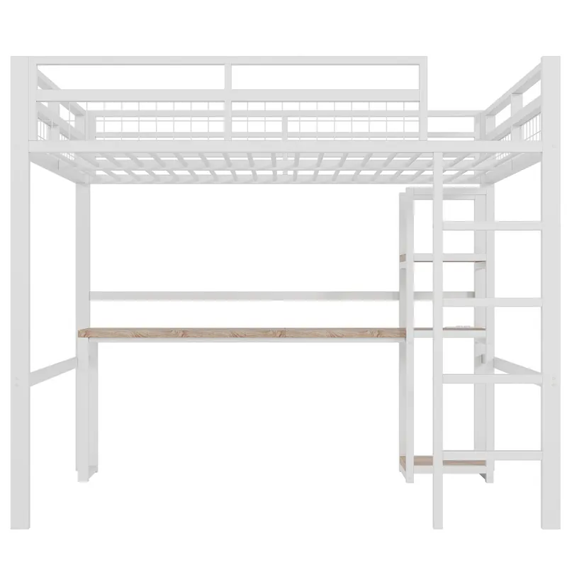 Cama alta 140x200cm - Estructura de metal, varios estantes, escritorio con enchufe y USB tipo C, barandilla, escalera - Blanco