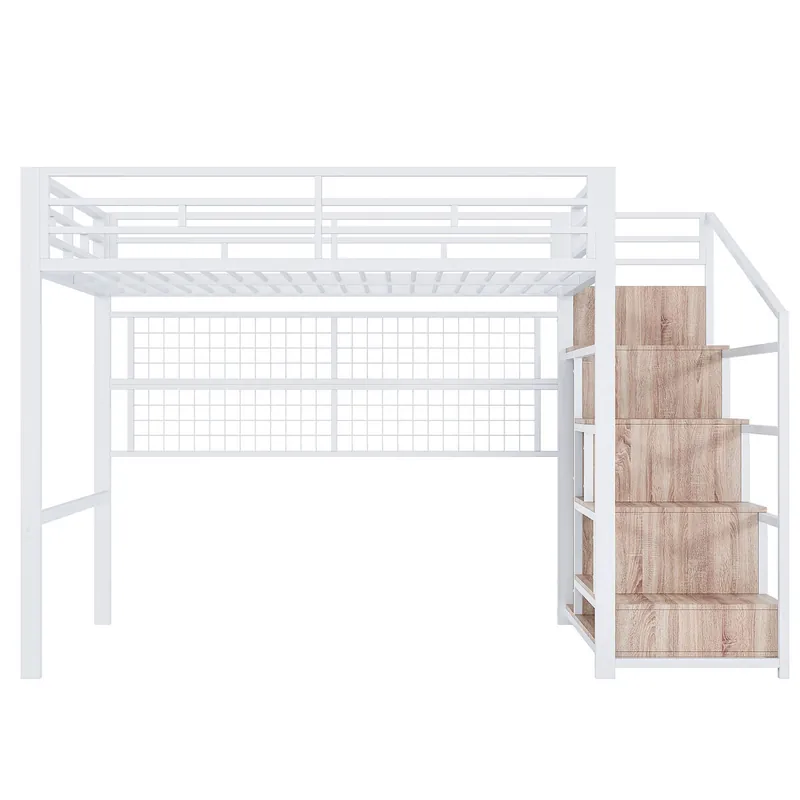 Cama alta 140x200cm - Estructura metálica, armario, escalera con almacenamiento, rejilla para colgar objetos, espacio libre debajo, luces LED multicolores - Blanco