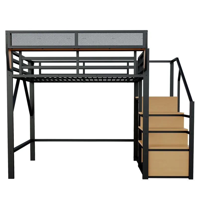 Cama alta 140x200 - con escalera de seguridad y compartimento de almacenamiento flexible - Negra