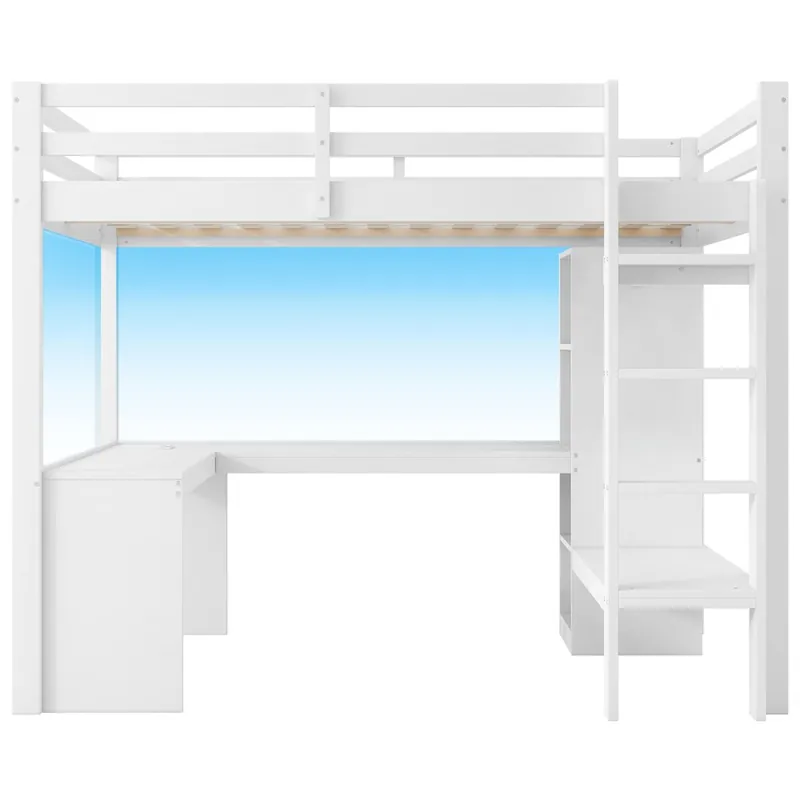 Cama alta 140x200 - Estanterías multifunción, escritorio inferior, luz LED, USB - Blanco