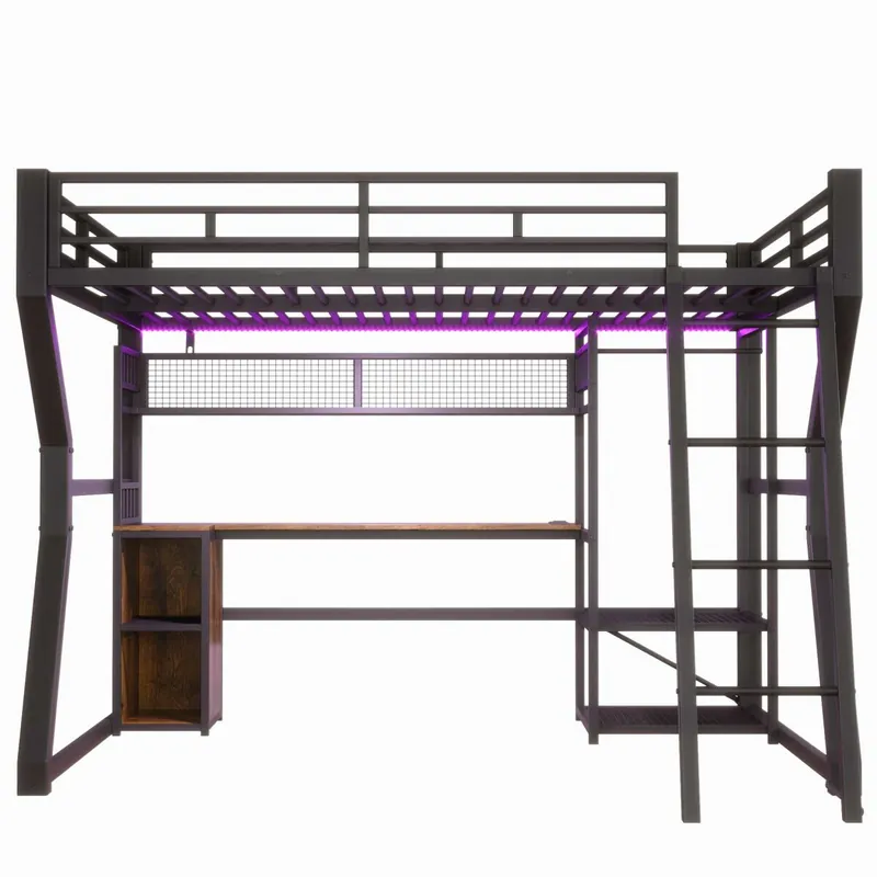 Cama alta 140x200 cm - estructura de metal con tira de luz LED, enchufe integrado, perchero, escritorio, estantes y espacio de almacenamiento inferior - blanco