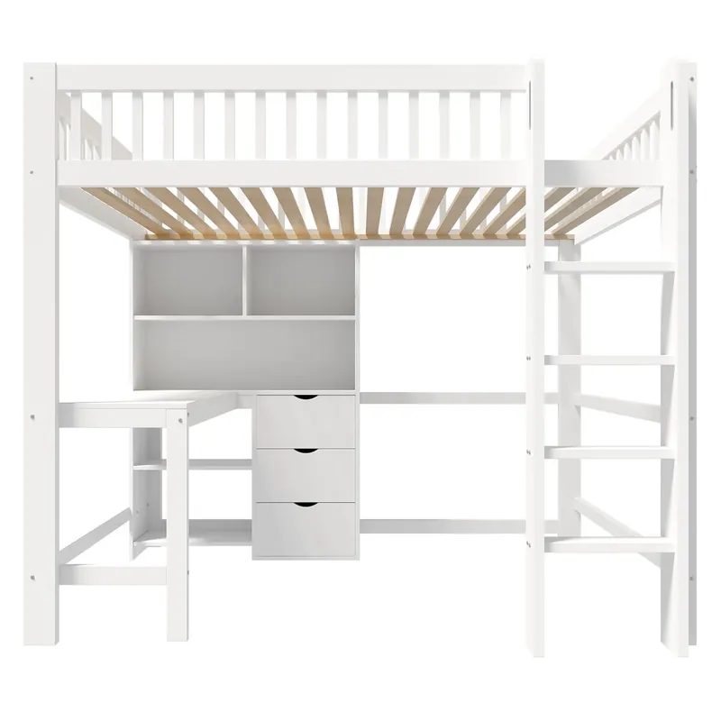 Cama alta 140x200 cm - Estante, escalera, escritorio, 3 cajones - Blanco