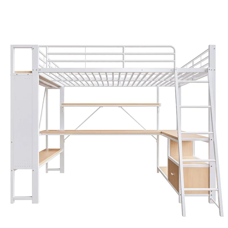 Cama alta 140x200 - estructura metal, LED, escritorio, estantes, almacenaje, USB - Blanco