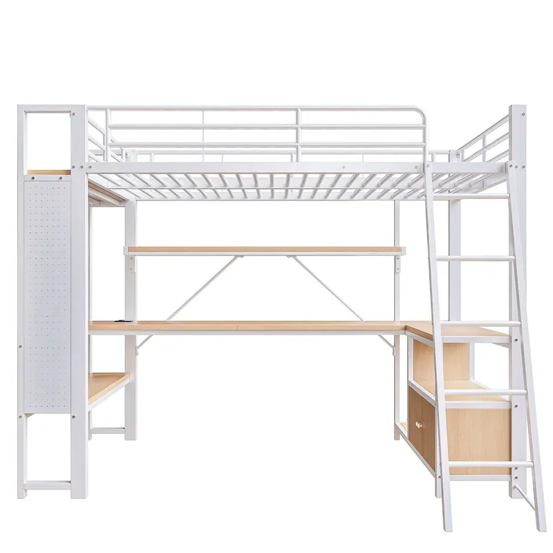 Cama alta 90x200 cm - Estructura de hierro, LED, escritorio, almacenamiento, USB - Blanco