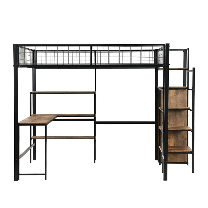 Cama alta 140x200 cm - estructura de hierro - con escritorio y estantes - Blanco