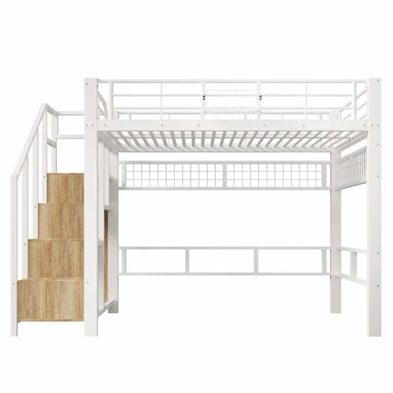 Cama alta 140×200 cm - Estructura de metal, con barra para colgar objetos, con iluminación LED, escaleras con almacenamiento - Blanco