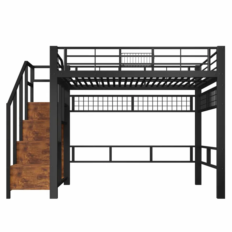 Cama alta 140×200 cm - Estructura de metal, con barra para colgar objetos, con iluminación LED, escaleras con almacenamiento - Blanco