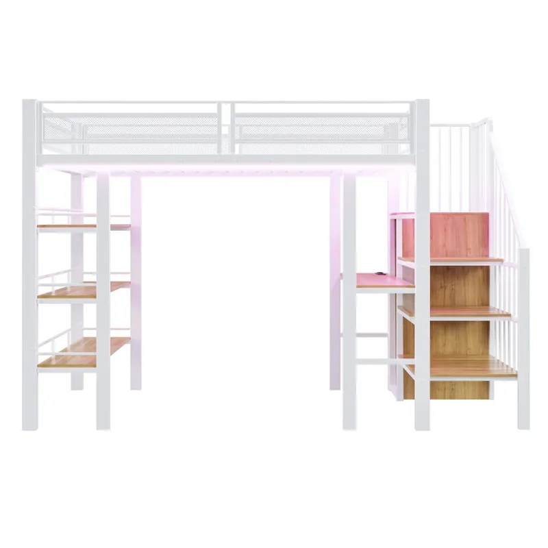 Cama alta 90x200 - con luz LED, enchufe, estante y biblioteca - Blanco