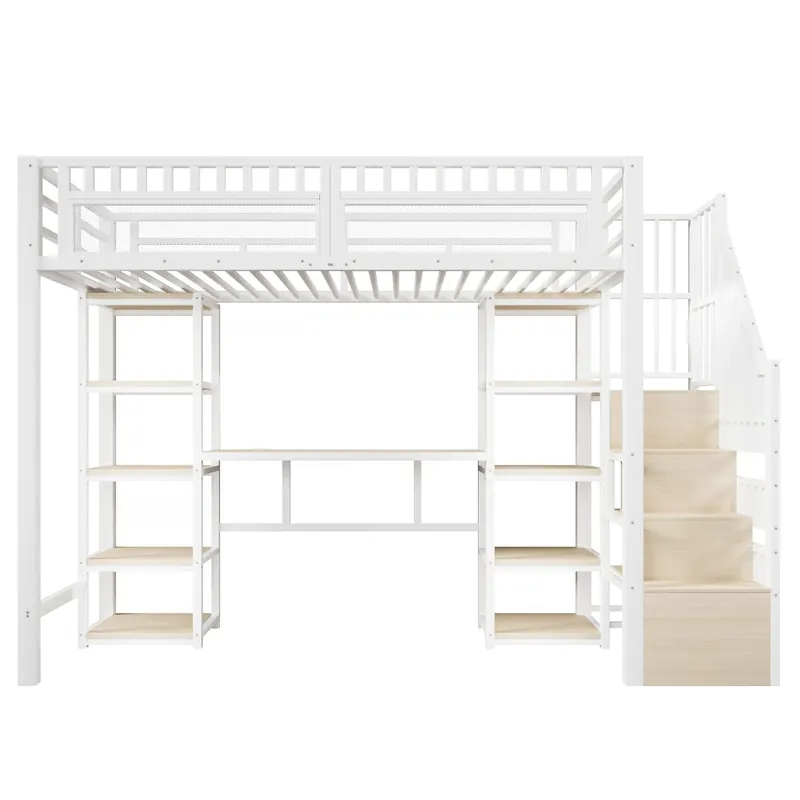 Cama alta 90x200 cm - Marco de metal, escritorio, estantes, LED, USB, sin colchón - Blanco