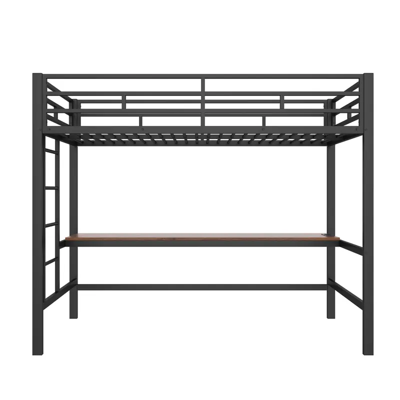 Cama alta 90x200 cm - Con barandilla, escalera, mesa con USB y toma de corriente, tira de luz con control por app, con luces LED, conforme a EN747 - Negro