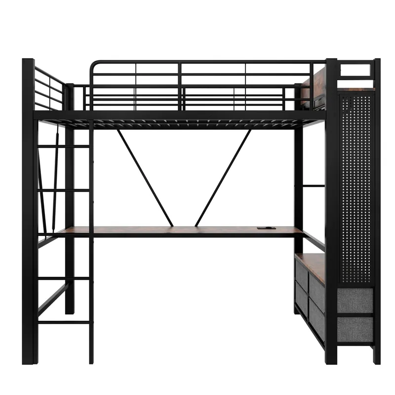 Cama alta 90x200 cm - hierro, escritorio, barra, estantes, 4 cajones, USB+Type-C, LED, barandilla, escalera, tablero perforado - blanco