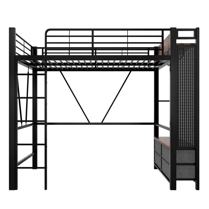Cama alta 90x200 cm - estructura hierro, barra para secar, estantes, 4 cajones, USB+Type-C, LED, barandilla, escalera, tablero perforado - blanco