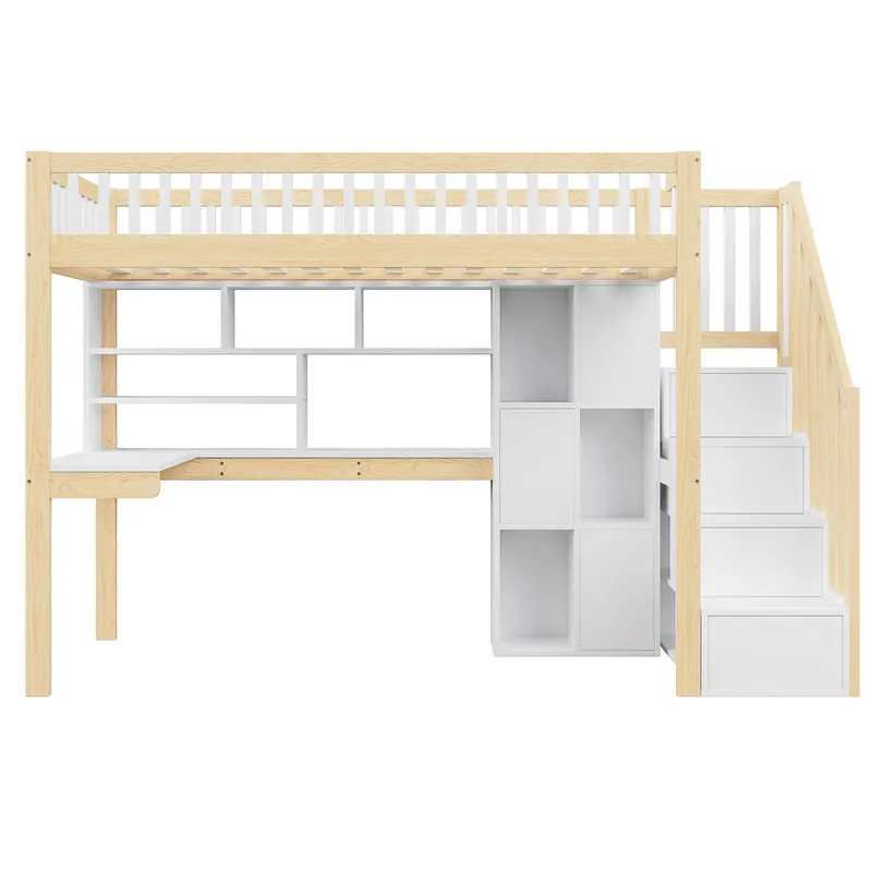 Cama alta 90x200 cm - Con luces LED, estanterías, escritorio, sin colchón - Blanco