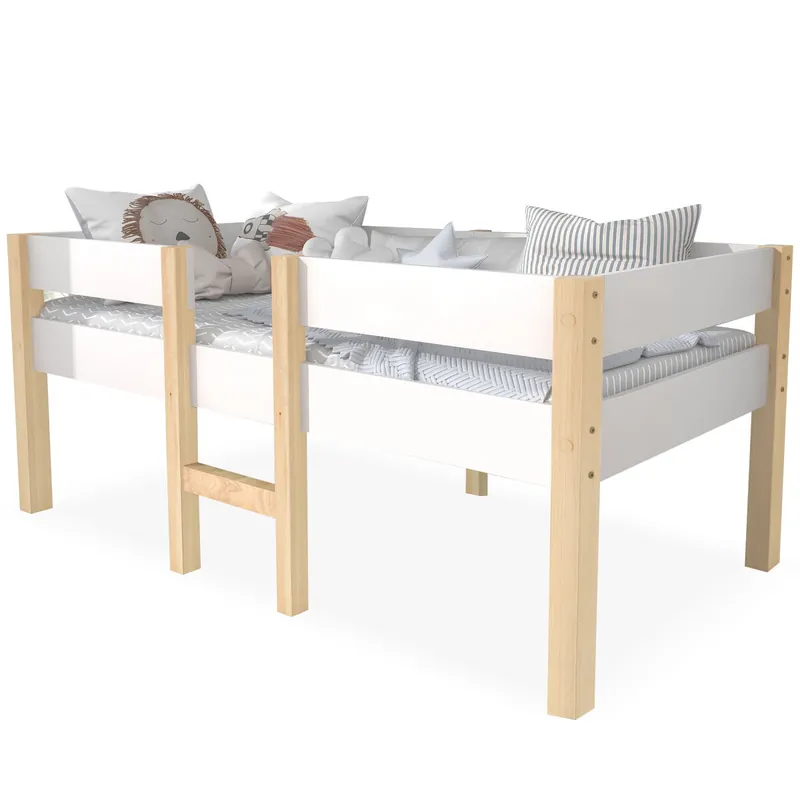 Cama alta con barandillas de seguridad - madera maciza de pino - 90x190 cm - Blanco
