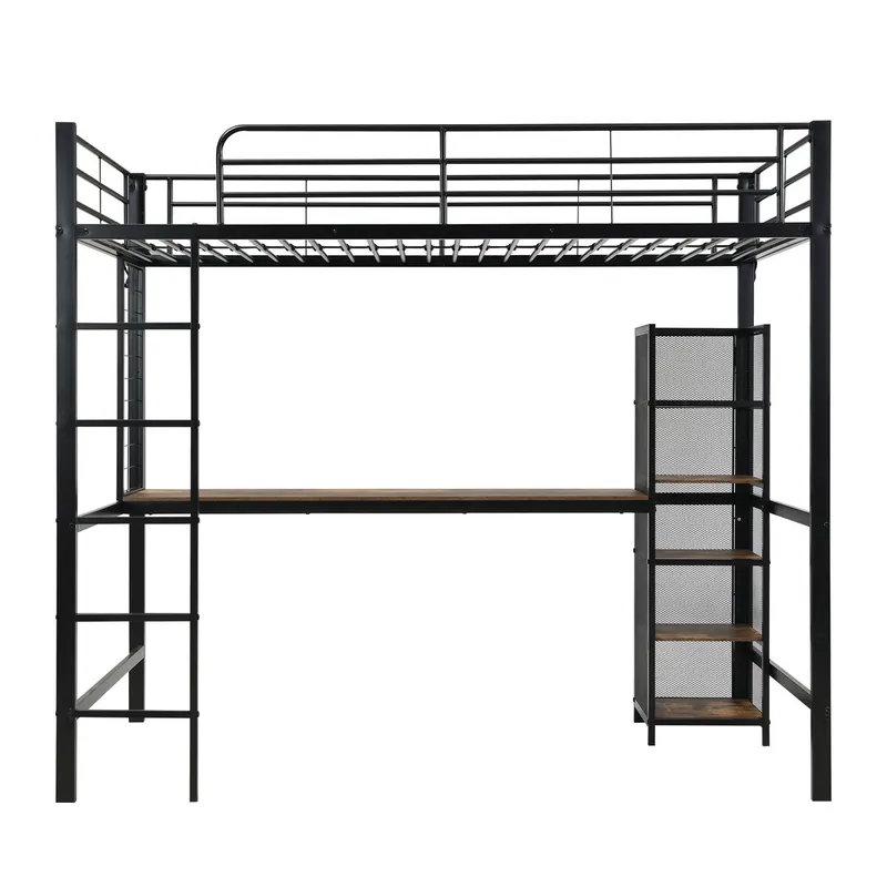 Cama alta 90x200 - Cama de hierro con escritorio y estantería múltiple, barandilla y escalera robusta - Negro + Madera oscura
