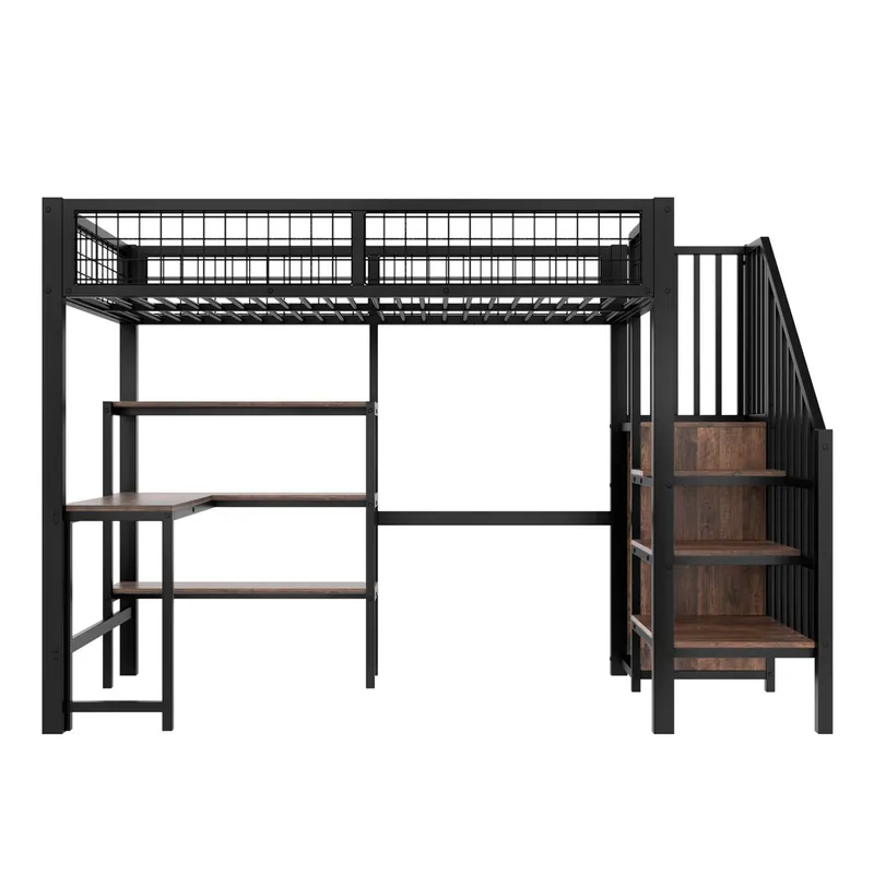 Cama alta 90x200 cm - estructura de hierro, escritorio inferior, varios estantes, armario empotrado, sin colchón - negro