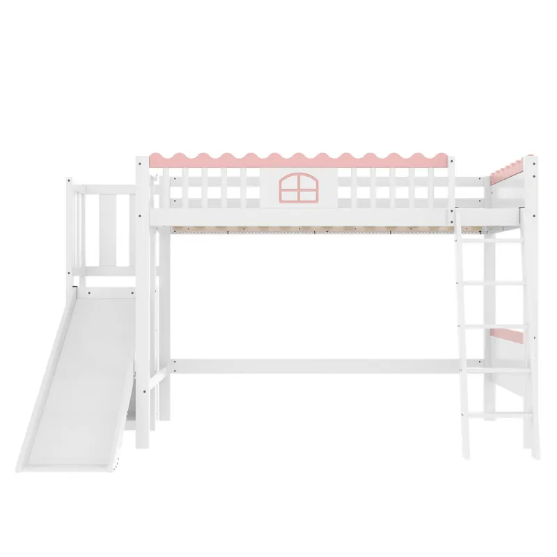 Cama alta 90x200 cm - individual, sin colchón, con luces LED, estantes y tobogán, certificado EN747, madera de pino - blanca