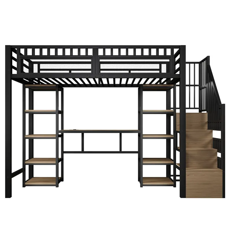 Cama alta 90x200 cm - Estructura metálica, escritorio, escalera con almacenamiento, LED, puerto USB, negro