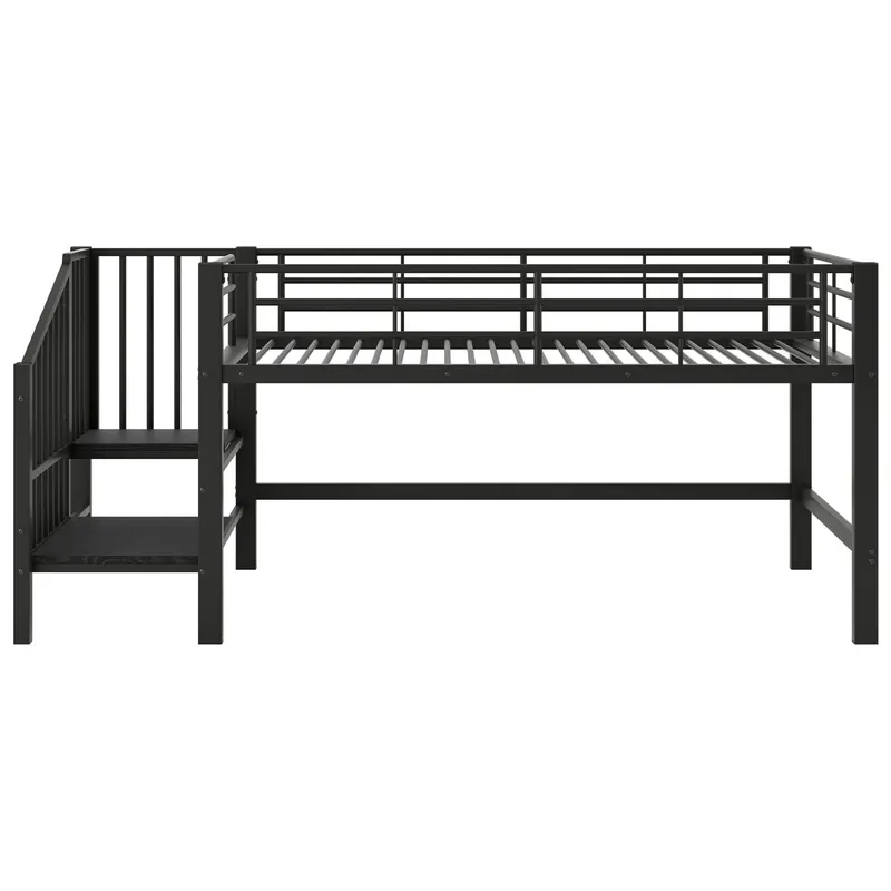 Cama alta 90x200 - Litera semialta con escalera de almacenamiento - Negro