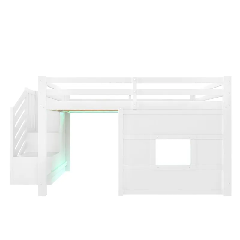 Cama alta 140x200 - con escalera de almacenamiento y ventana - Blanco