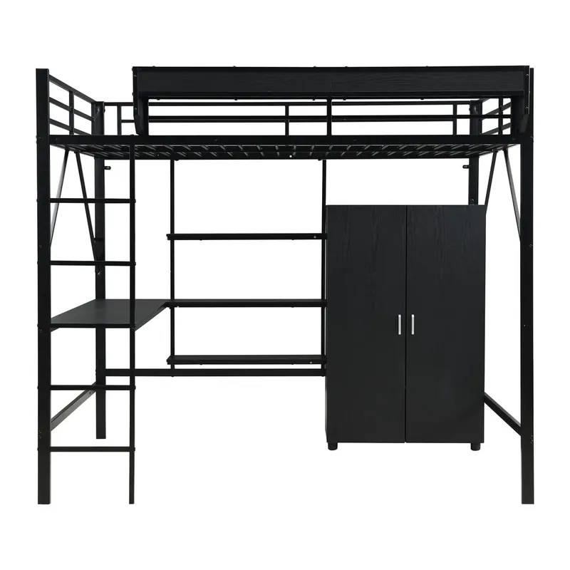 Cama alta 140x200 cm - Litera con escritorio y armario, almacenamiento doble - Negro