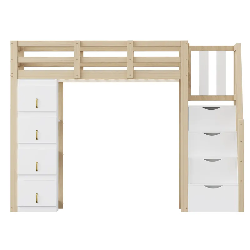 Cama alta 90 x 200 cm - madera maciza multifuncional con cajones, estantería múltiple y escalera segura con almacenamiento - natural