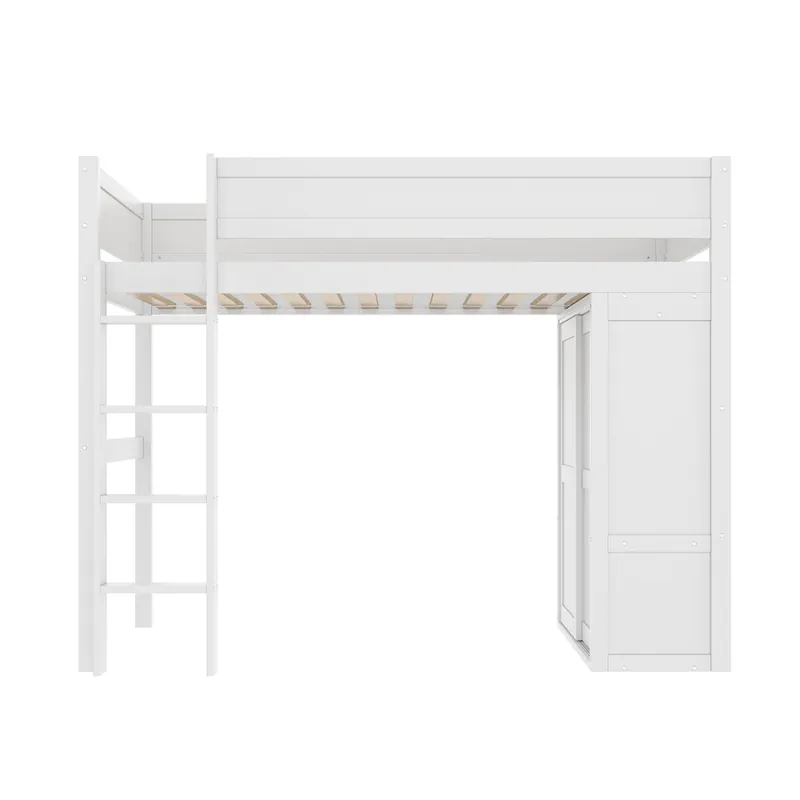 Cama alta 90x200cm - Cama infantil versátil, con armario, compartimiento de almacenamiento, espacio debajo, sin colchón - Blanco