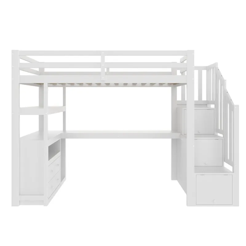 Cama alta 90x200 cm - con escritorio, escalera con almacenamiento y 2 cajones - Blanco