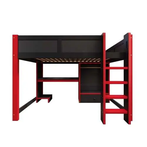 Cama alta 140x200 cm - con LED, cama gaming con escritorio, armario y cajones grandes - negro+rojo