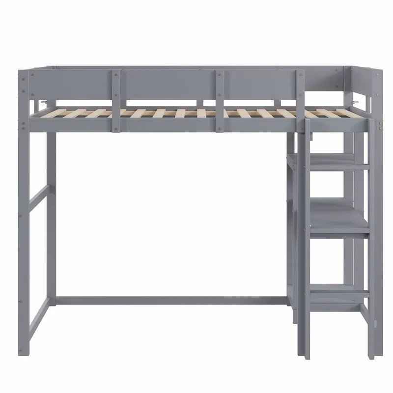 Cama alta 90x200 cm - Estructura de madera maciza de pino con estantería y somier, para niños y adolescentes - Gris