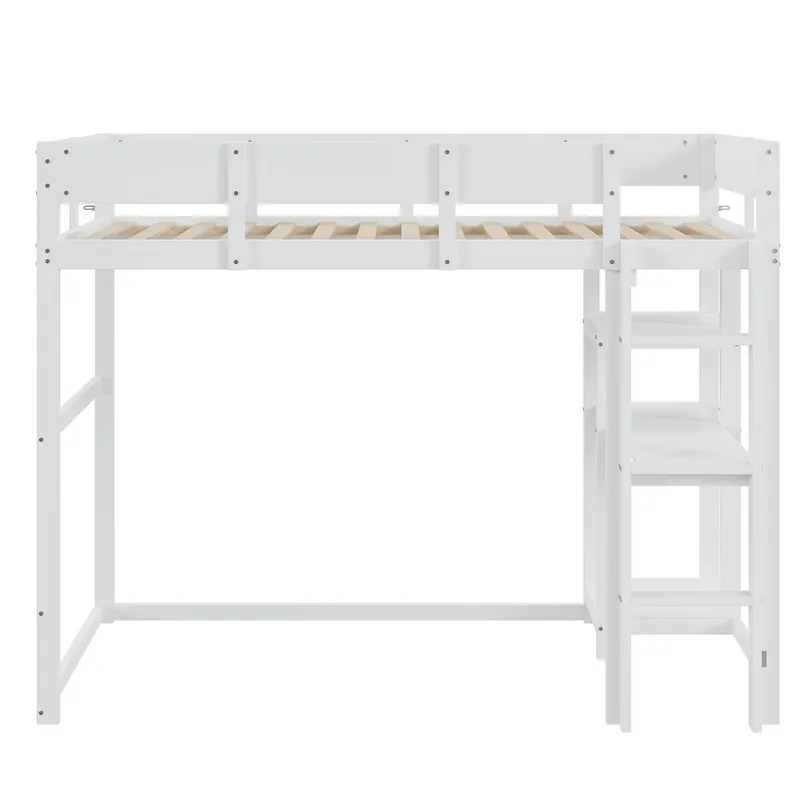 Cama alta 90x200 cm - Con estante, estructura de pino macizo, somier de listones, blanco