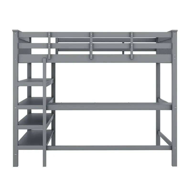 Cama alta 140x200 - Cama infantil con estantes y escritorio debajo - Gris