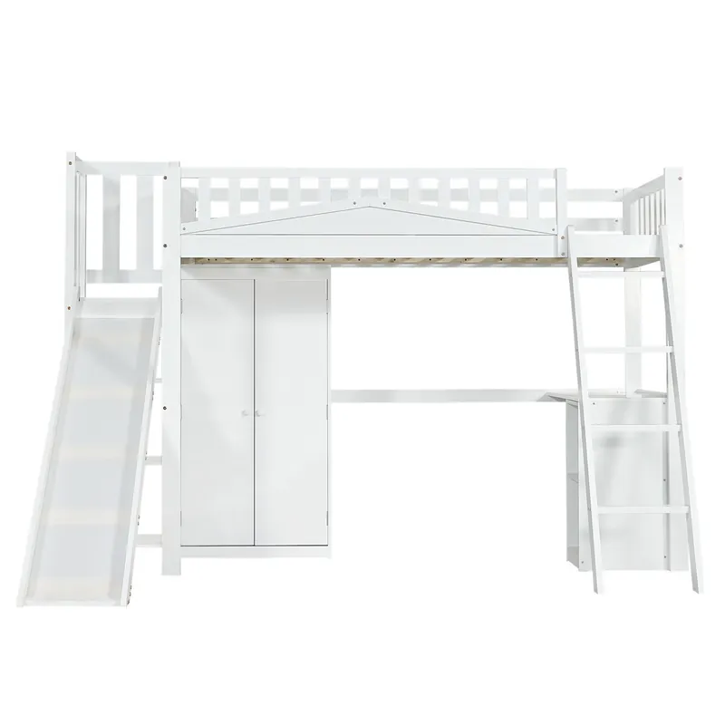 Cama alta de madera 90x200 cm - con escritorio + armario + tobogán - Blanco