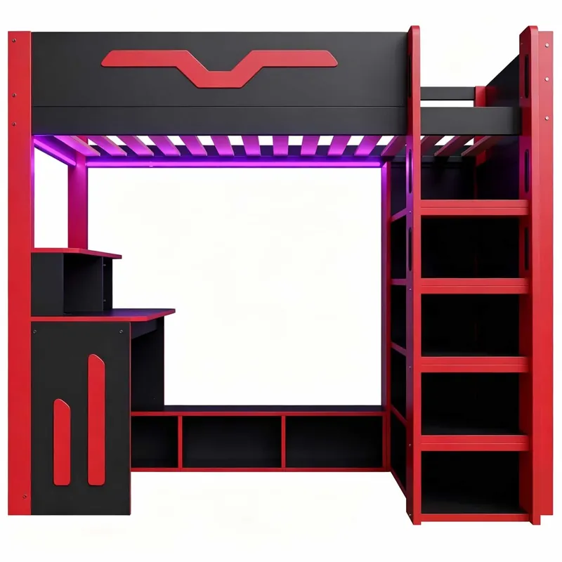 Cama alta 90x200 - de madera con escritorio, almacenamiento multinivel, iluminación LED y escalera con espacio de almacenamiento - Negro y Rojo